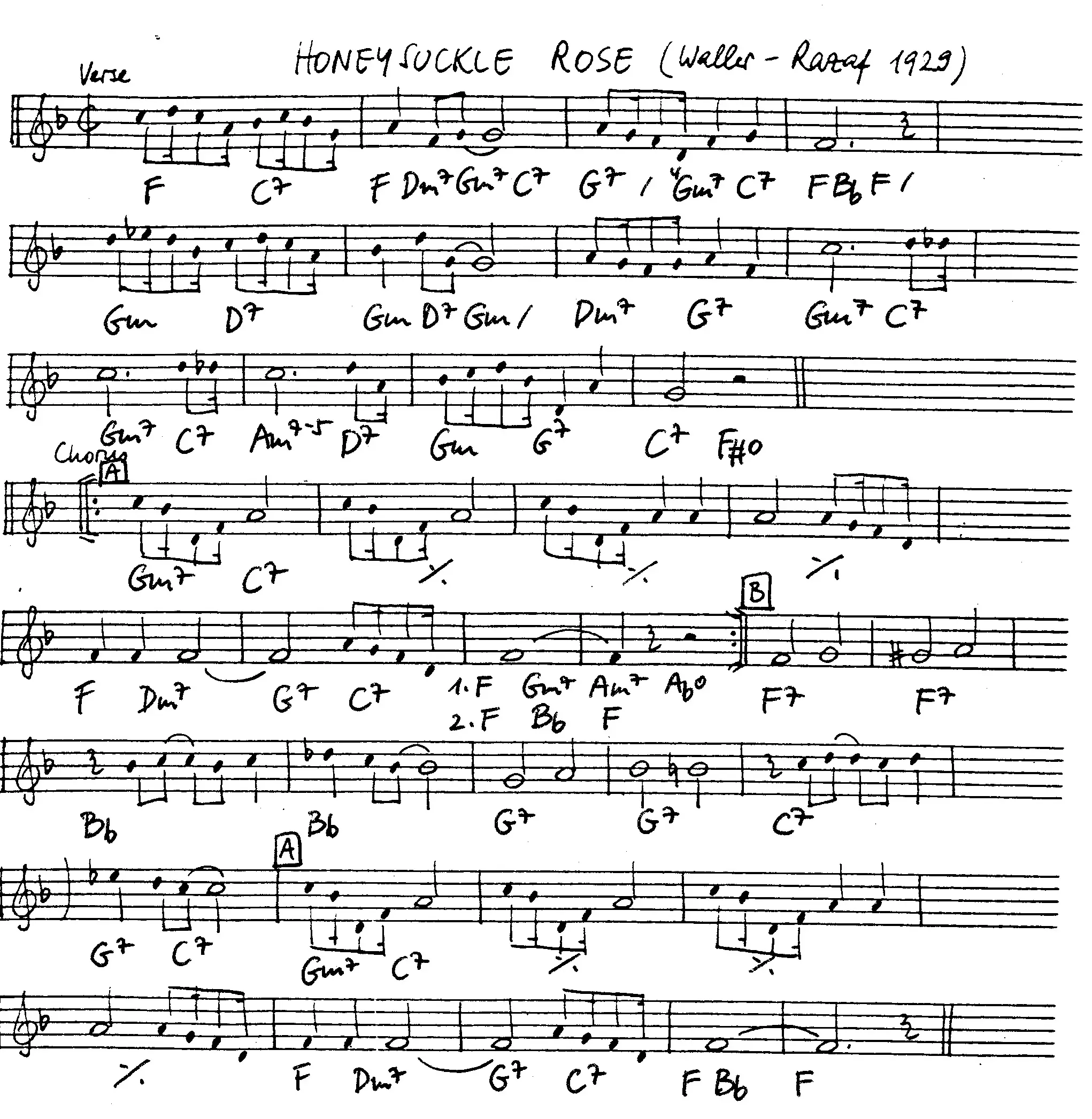 honeysuckle rose free jazz leadsheet - Courtesy of the Jungle Jazz Band